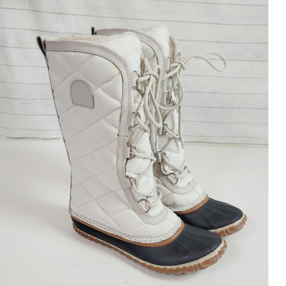 SOREL OUT & ABOUT TALL WATERPROOF LACE UP BOOTS IN WHITE, SZ 6.5